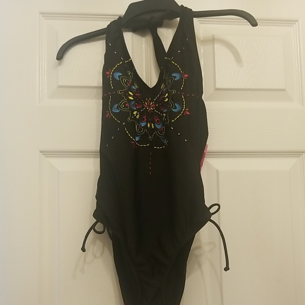 Xhilaration Black Halter One-Piece Swimsuit with Multicolor Embroidered Detail